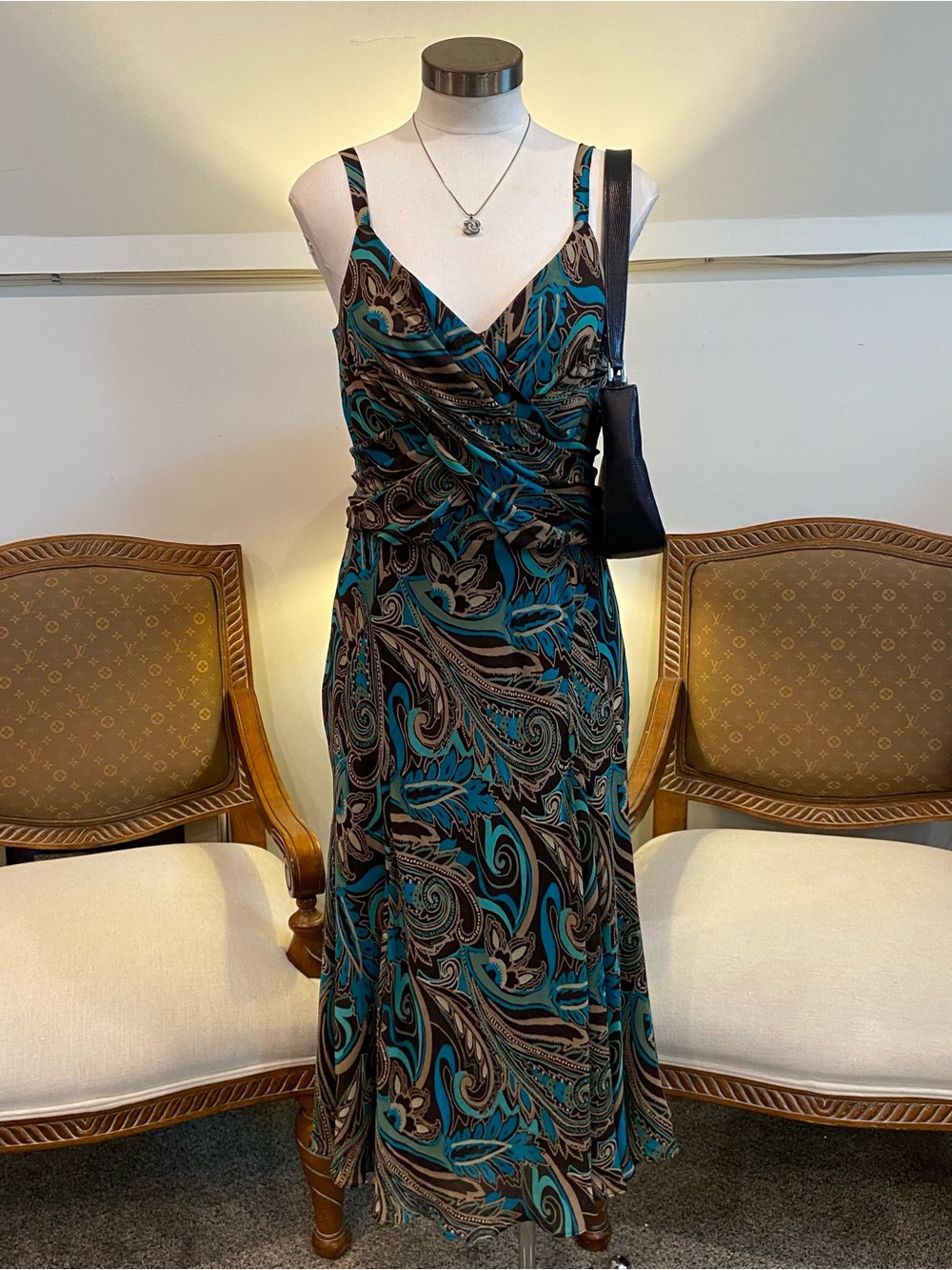 Vintage 90s Y2K Teal Blue & Brown Paisley Maxi Dress Fairycore